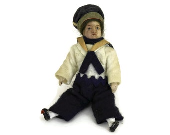 Antique Miniature French Sailor Doll. Antique All Bisque Lilliputian Doll
