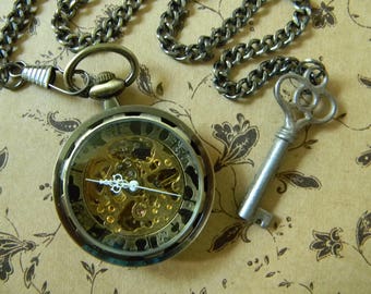 Beautiful Self Winding & Hand Wound Bronze Tone Steampunk Style Pocket Watch w/Authentic Antique Key Fob. Neo-Victorian Style Pocket Watch.