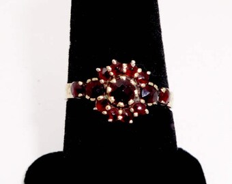 Vintage Czech BOHEMIAN GARNET RING Gilt 900 Silver Rose Cut garnets Sz 7 3/4