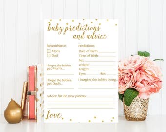 Baby Predictions and Advice Printable - TWINS, Baby Shower Game Printable - Gold Confetti - White Gold Baby Shower Printable - Advice BAS1