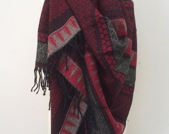 Blanket Scarf, Aztec Wrap Shawl, Men Oversize Scarf, Tribal Winter Scarf, Kilim Cotton Shawl, Boho Red Scarf, Men's Gift, Christmas Gift