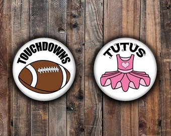 Touchdown and Tutus gender reveal pins, pink tutu and brown football.