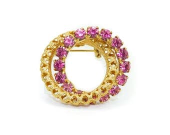 Vintage Pink Rhinestone Brooch, Round, Rings, Gold Tone