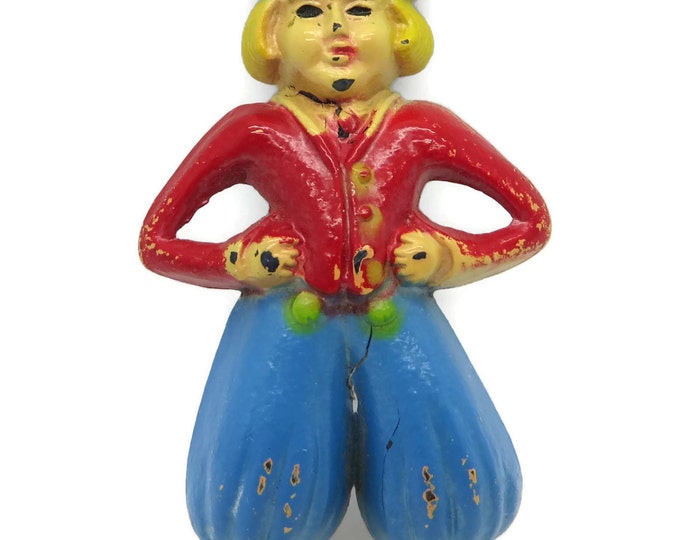 Vintage Dutch Boy Red Blue Plastic 1940s Pin, C Clasp