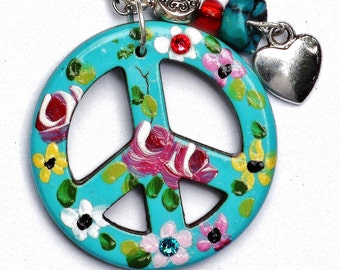 Turquoise Peace Sign Necklace Hand Painted Colorful Flowers Boho Hippie Jewelry FREE SHIPPING
