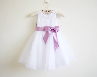 White Flower Girl Dress Lace Lilac Baby Girls Dress Tulle White Flower Girl Dress With Lilac Sash/Bows Sleeveless