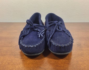 Minnentonka, 8.5, Moccasin Shoes, Dark Blue, Suede