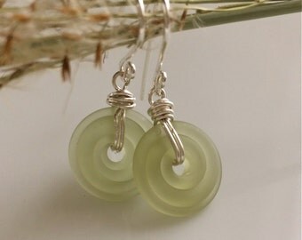Sea Foam Green Glass Earrings / Matte Glass / Small Dangle Earrings / Glass Discs / Light Green Earrings / Sterling Silver Earrings