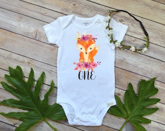 First Birthday Girl, Woodland Floral Fox, Baby Birthday shirt, Woodland Party, Woodland Birthday, Girl Birthday shirt, Wild One party, Fox