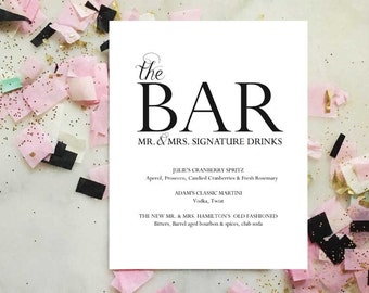 Mr and Mrs Signature Drink Menu, PDF Instant Download, Wedding Drink Menu, Wedding Sign, The Bar Menu, Wedding Bar Menu Printable, Template