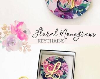 Gold Initial Keychain Acrylic Keychain Bridesmaid Gift Initial Bridal Party Gift Floral Gift Christmas Gift for Mom Gifts (EB3185)