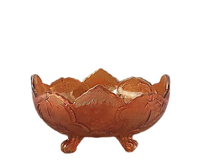 Carnival Glass Bowl in Lombardi-Iridescent Flora Gold by Jeannette - 4-Toed Footed Fruit Bowl,