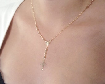 Delicate Gold Rosary Necklace Cross Rosary Necklace Gold crucifix Pendant, Rosary, Catholic Rosary, Gold Cross Necklace, Religious Jewelry