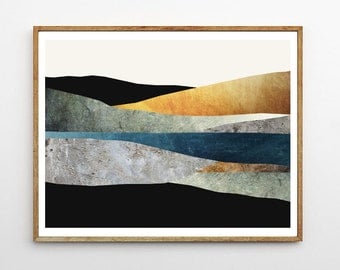 Abstract Landscape Print, Mountain Painting, Nature Wall Art, Scandinavian Design, Glacier, Modern Poster, Mixed Media Collage // Last Light