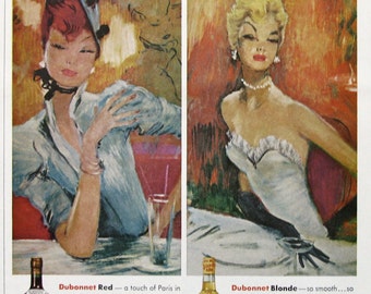 1963 Dubonnet Aperitif Wine Ad - Red Haired Woman Blonde in a Paris Cafe - 1960s Art Nouveau