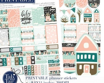 January weekly kit. Week layout for Happy planner. Stickers PRINTABLE kit in peach pink, blue. House, winter, weekend banner weekly kit.