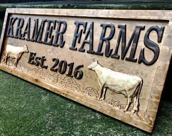 Personalized Farmhouse Sign Wood Wedding Gift Wooden Farmhouse Decor Wall Family Name Sign Couple Established Cow Custom Carved Farm Sign