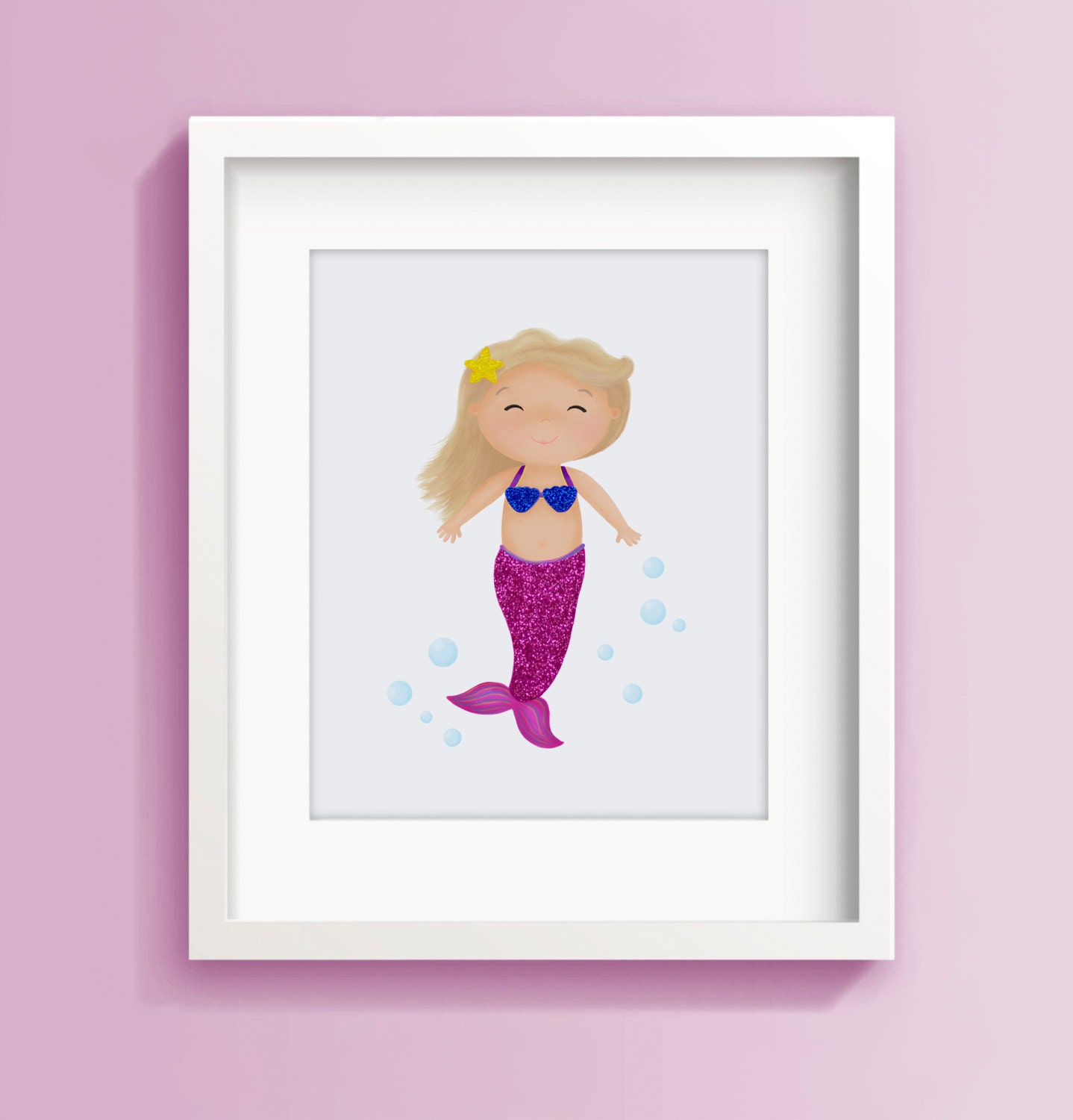 Mermaid Art Print Real Glitter Mermaid Decor Little
