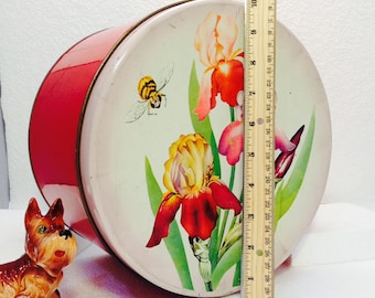 Vintage Tin Iris Metal Tin Big Flowers on Red Tin Large Tin Large Tin Round Tin Hat Tin Metal Tin Tin Container Big Metal Tin Tin Box