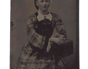 Antique Tintype 1800s Vintage Photograph Antique Photo Woman Chair Black White Plaid Dress