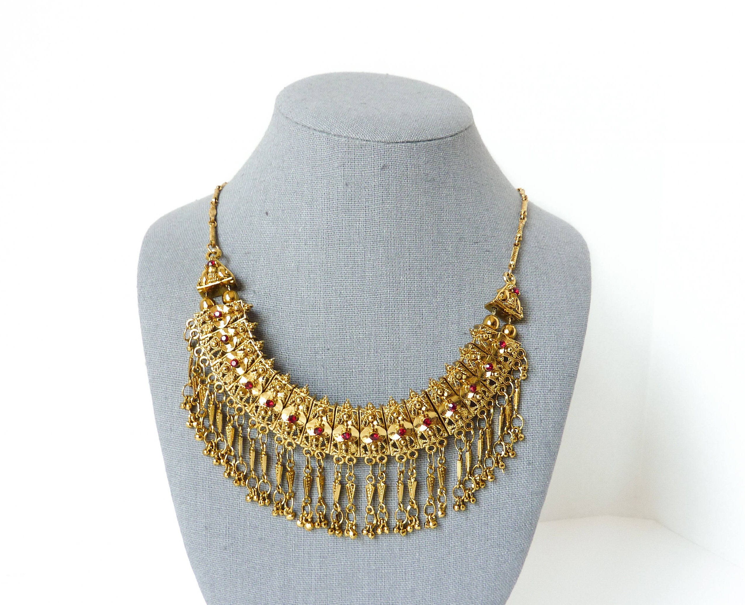 Vintage Gold Bib Necklace In Ornate Design With Red