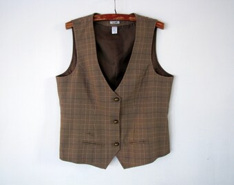 Ladies vest Checkered casual retro waistcoat Light brown and purple country outfit Xl size US-12 EU-42 AUS-16 size Brown sleeveless jacket