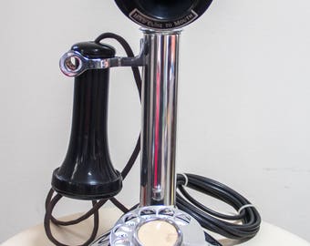 Vintage Rotary Phone Candlestick Phone Silver and Black Chrome 1970s Western Electric Company Display Phone