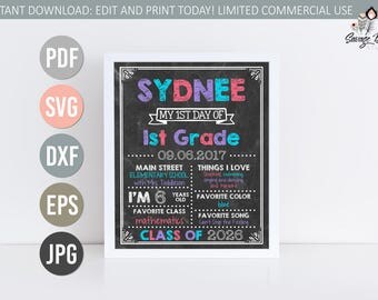 SALE! Instant Download: First Day of School Sign, pdf, svg, jpg, eps, dxf, do it yourself, print yourself, Back to School Sign, Chalkboard