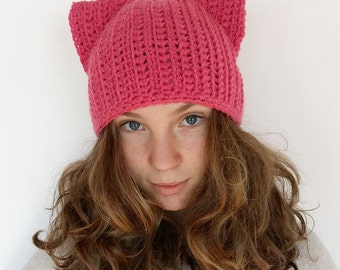 Pink Cat Hat, Pink Pussycat Hat, Pink Cat Beanie Hat, Crochet Pussycat Hat, Pussy Cat Hat, Feminist Hat, Women's March Hat, SALE