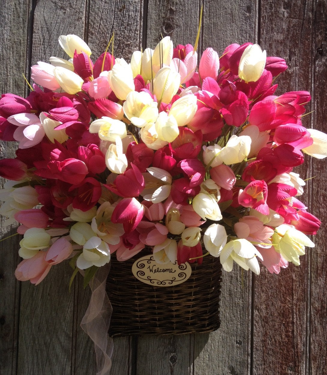 Pink Tulip Basket Spring Door Basket Summer Front by FloralXchange