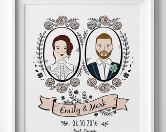 Custom Couple Portrait Illustration, Custom portraits, valentines day gift, anniversary gift, gift for newlywed, personalized wedding gift