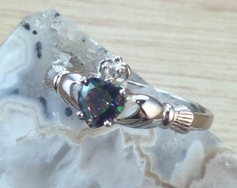 Mystic Topaz Claddagh Ring Sterling Silver FAST Shipping FREE Gift Box Engagement Ring Promise Ring Loyalty Love & Friendship Ring
