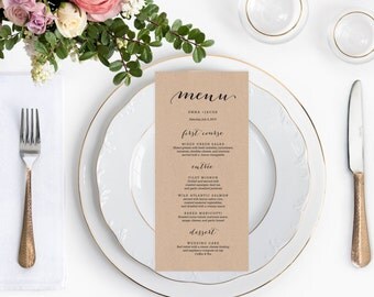 Rustic Printable Wedding Menu Template, 4x9 Wedding Menu Cards, Editable Text, Calligraphy Menu Cards, DIY Wedding Templates, 002