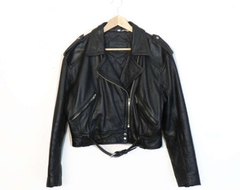 Vintage 1980s Leather Cropped Motorcycle Jacket Size S/M