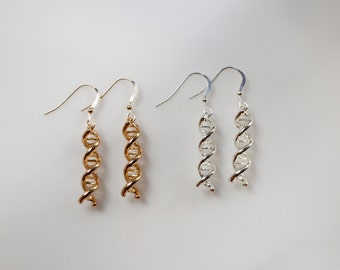 Silver or Gold DNA Earrings, Sterling Silver Science Jewelry, 3D DNA Double Helix, Dangle Earrings, Biology Science Themed Jewelry, Gold DNA