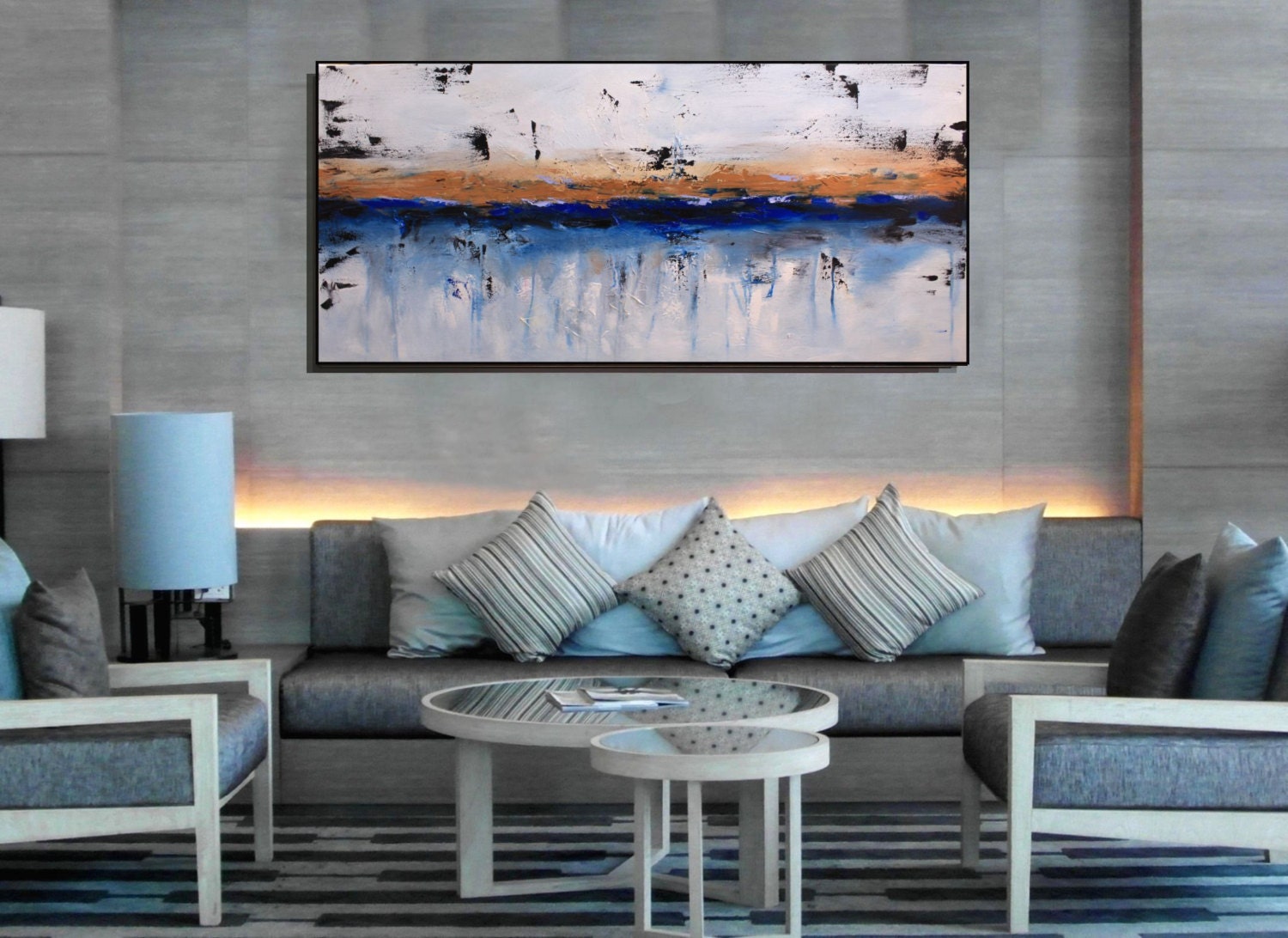 Large Original Painting Blue And Copper Wall Art White Wall