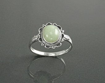 NATURAL Jade Ring, Sterling Silver, Boho Ring NOT-DYED Green Jade Gemstone Bali Tribal Ring Gypsy Bohemian Jewelry Antique Victorian Ring