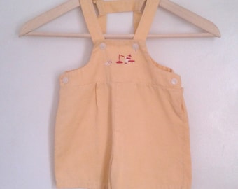 Vintage 1930's Pale Yellow Playsuit Shorts with Suspenders Overalls Embroidered Man Fishing Sz 18 - 24 Mo Great Depression Era