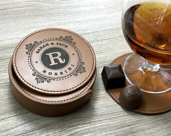 Personalized Leather Coasters, Set of 6 Coasters, Engraved Custom Coasters, Wedding Gift, Christmas Gift, Housewarming Gift, Hostess Gift
