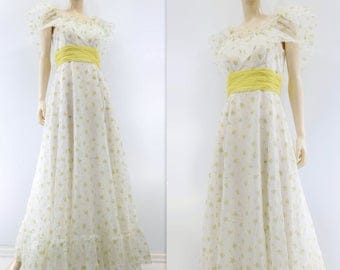 sale Boho Maxi Dress 70s Peasant Dress Floral Maxi Dress Yellow Floral Dress Vintage Ruffle Dress Off Shoulder Dress Off Shoulder Wedding xs
