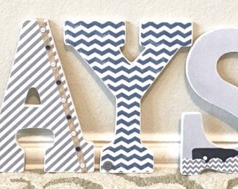 Nautical Nursery Letters, Custom Wooden Letters - Nautical Theme Custom Letters, 9 Inch Size (whale, boat, crab, anchor, navy, grey, blue)