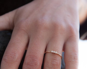 Diamond Gold Ring, Triple Stone Ring, White diamonds Ring, Black Diamonds Ring, 3 diamonds ring, Gold Stacking Ring, Thin gold ring, Diamond