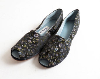 Vintage 50s/60s Floral Brocade Peep Toe Slippers Size 6