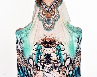 kaftan, caftan, kaftan caftan dress beach kaftan dress digital print free size dress in blue SHEER