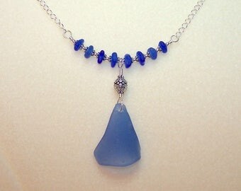 Sea Glass Necklace 18 Inch Cobalt Blue Cornflower Blue Real Beach Glass Jewelry Silver Chain Blue Pendant Unique Necklaces for Women