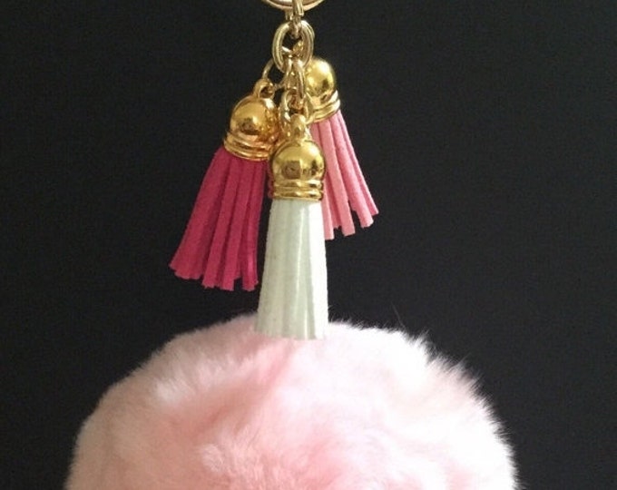 Pale Pink Rex Rabbit Fur Pompon bag charm pendant Fur Pom Pom keychain with 3 suede tassels