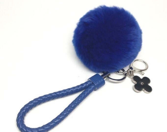 Car keychain fur pom pom puff ball bag rabbit key chain charm in Royal Blue