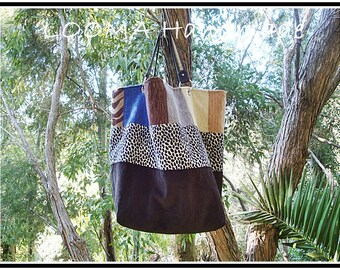 Large bag with bottom striped velvet Brown, speckled and white fabric and upholstery fabric. Cabas sac. Large Tote bag.