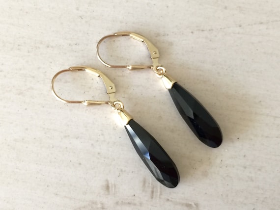 Jet Black Crystal Raindrop Earrings, Yellow Gold