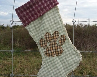 Paw Print Christmas Stocking, Small Dog, Cat, Pet, Rustic, Country, In stock, Ready to Ship
